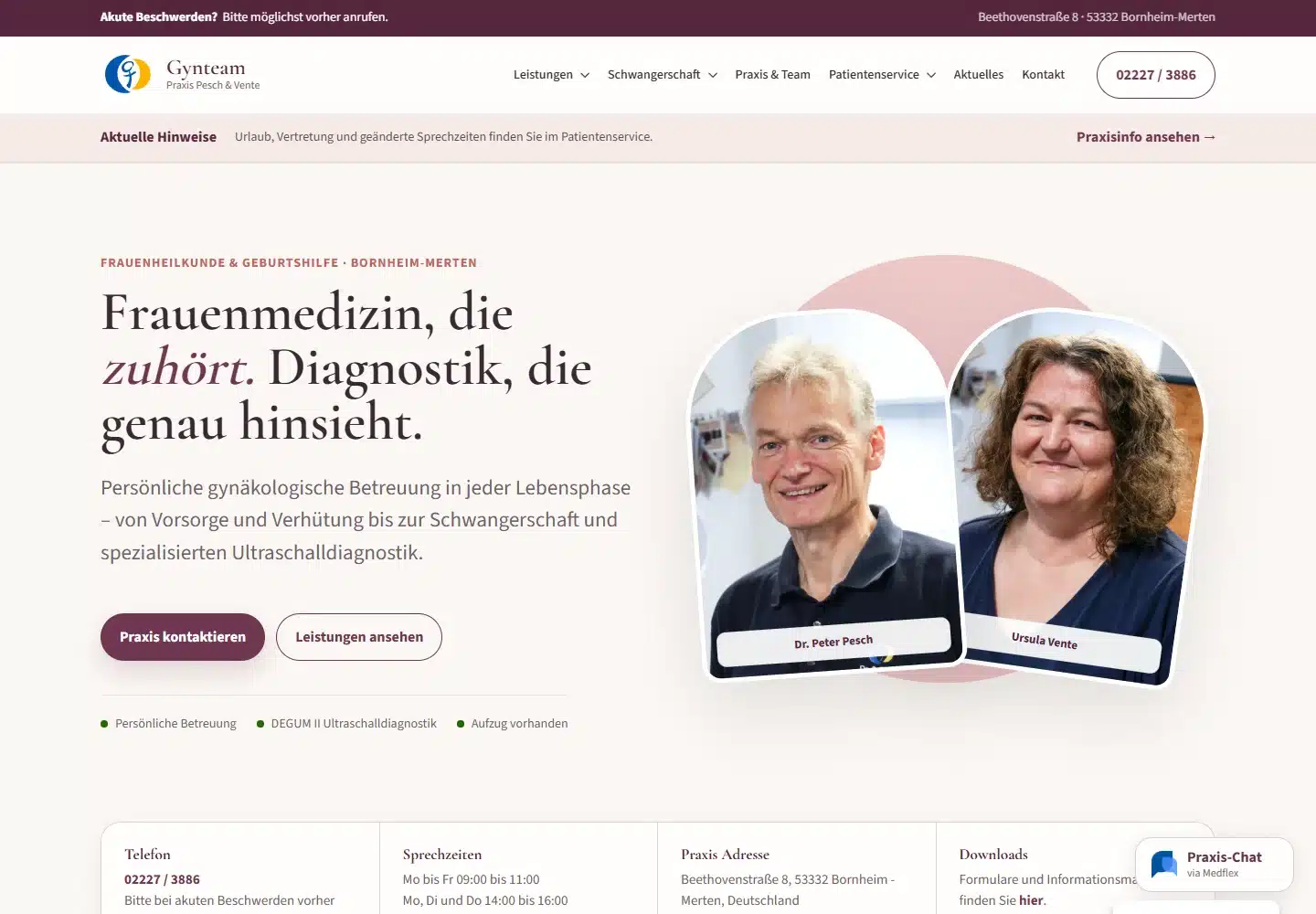 Praxiswebsite für Gynteam: persönliches Ärzteteam und übersichtliche Patienteninformationen