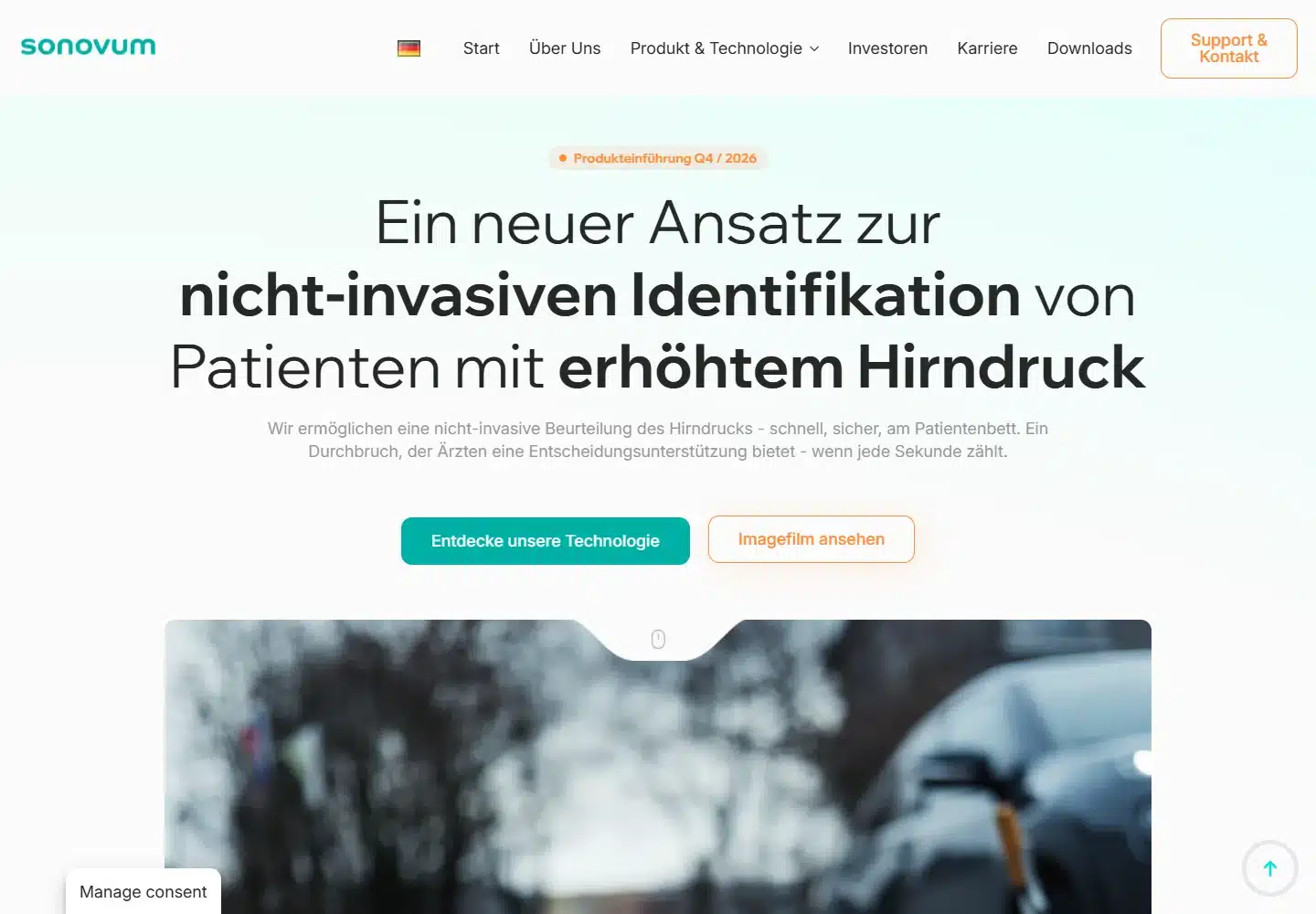 Screenshot der Sonovum-Website zur Präsentation medizinischer Technologie