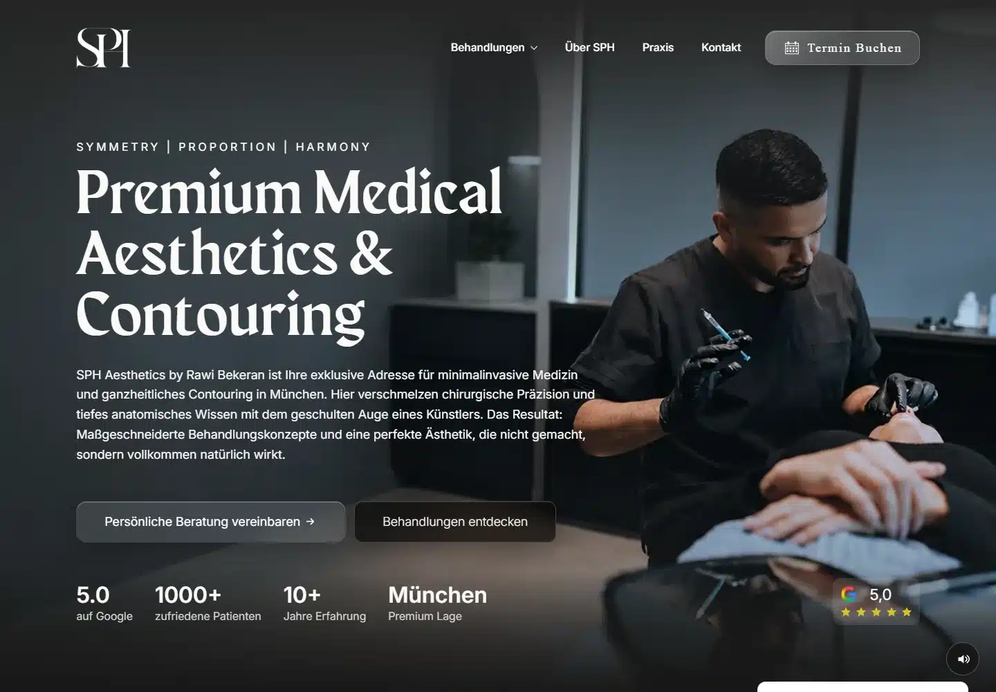 Screenshot der SPH-Aesthetics-Website mit Behandlungsübersicht und ärztlicher Bildsprache