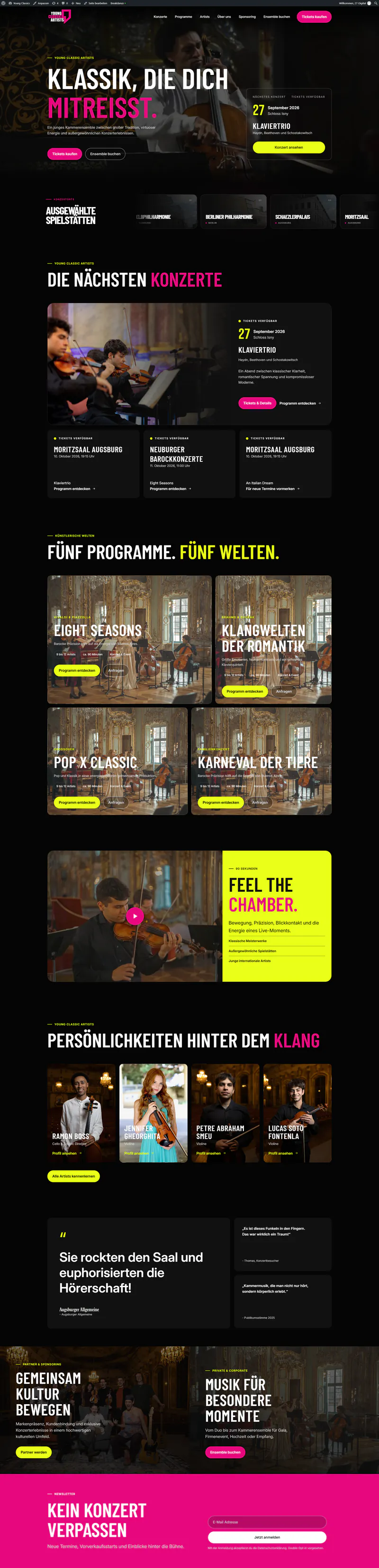 Bildschirmaufnahme der Startseite von Young Classic Artists